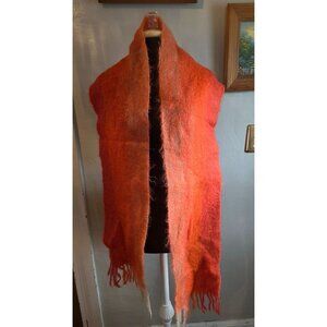 Vintage Mohair 100% Fringe Scarf Orange & Beige Made In Western Germany